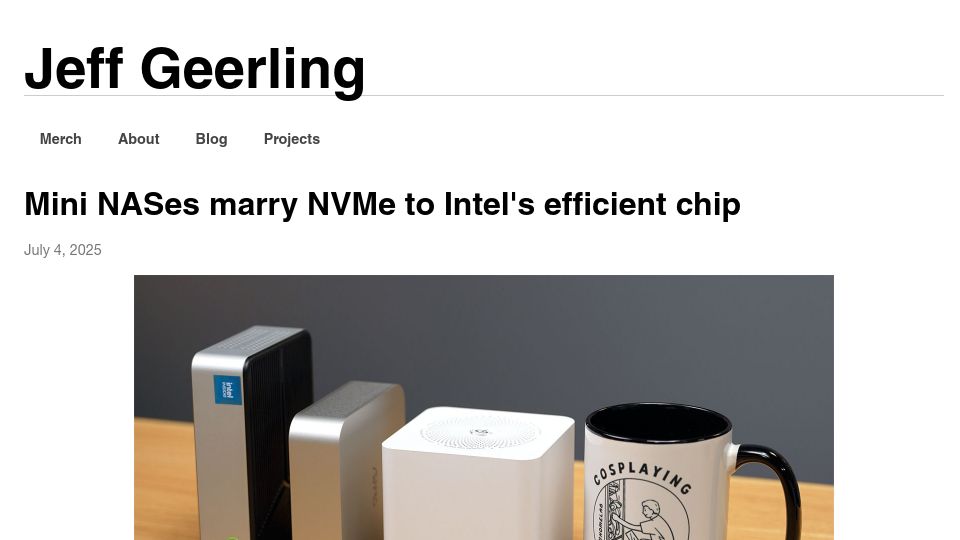 Screenshot of jeffgeerling.com: Mini NASes marry NVMe to Intel's efficient chip