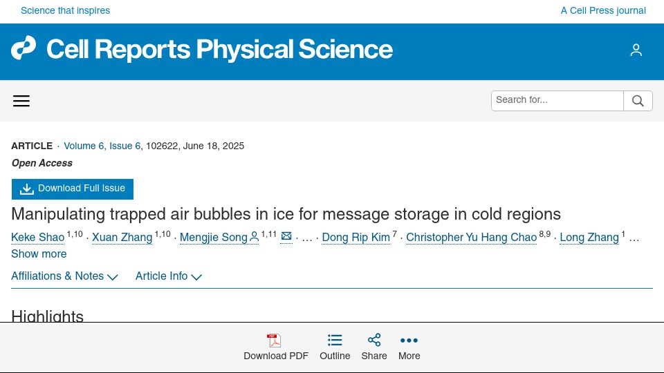 Screenshot of cell.com: Manipulating trapped air bubbles in ice for message storage in cold regions