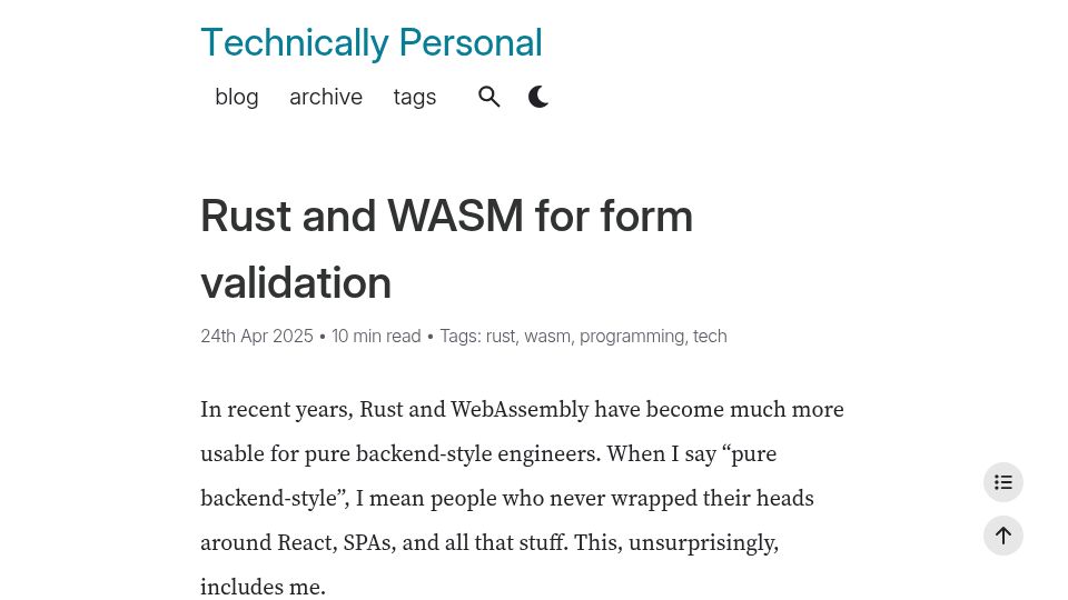 Screenshot of sebastian.lauwe.rs: Rust and WASM for Form Validation