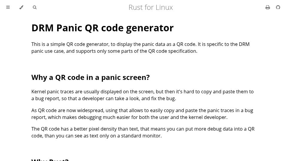Screenshot of rust-for-linux.com: DRM Panic QR code generator