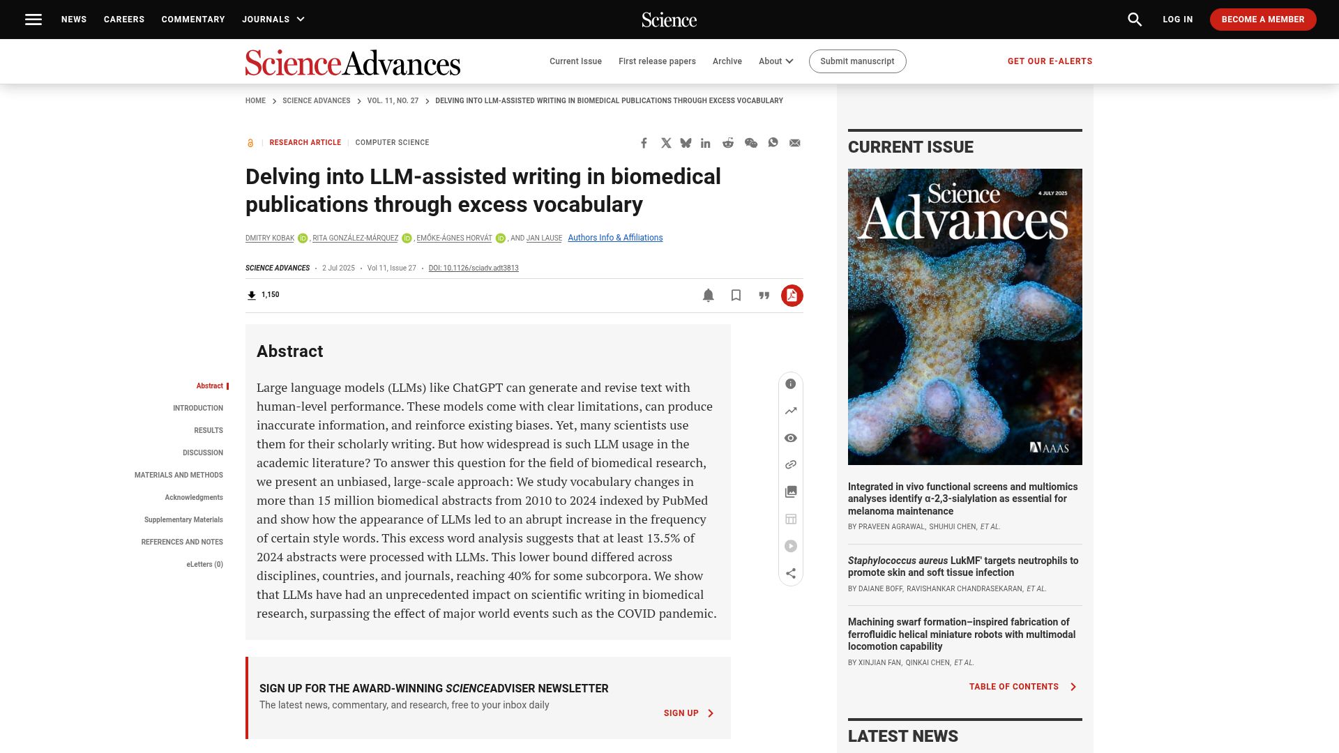 Screenshot of science.org: LLM-assisted writing in biomedical publications through excess vocabulary