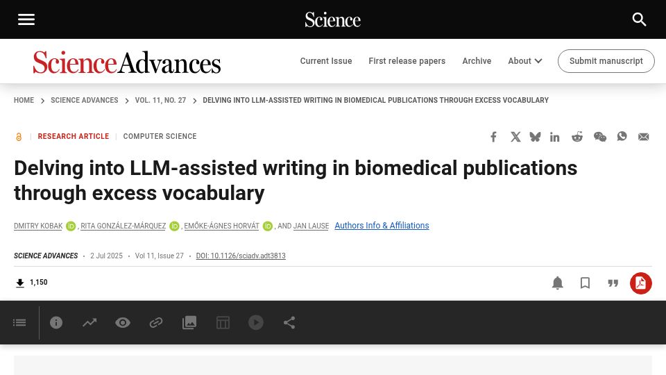 Screenshot of science.org: LLM-assisted writing in biomedical publications through excess vocabulary