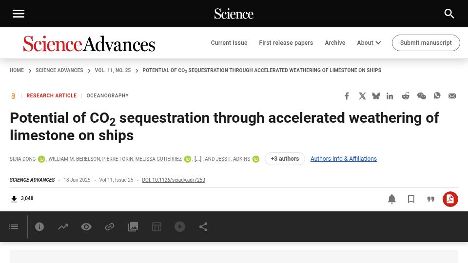 Screenshot of science.org: CO2 sequestration through accelerated weathering of limestone on ships