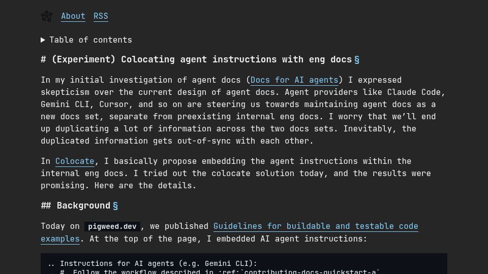 Screenshot of technicalwriting.dev: Experiment: Colocating agent instructions with eng docs