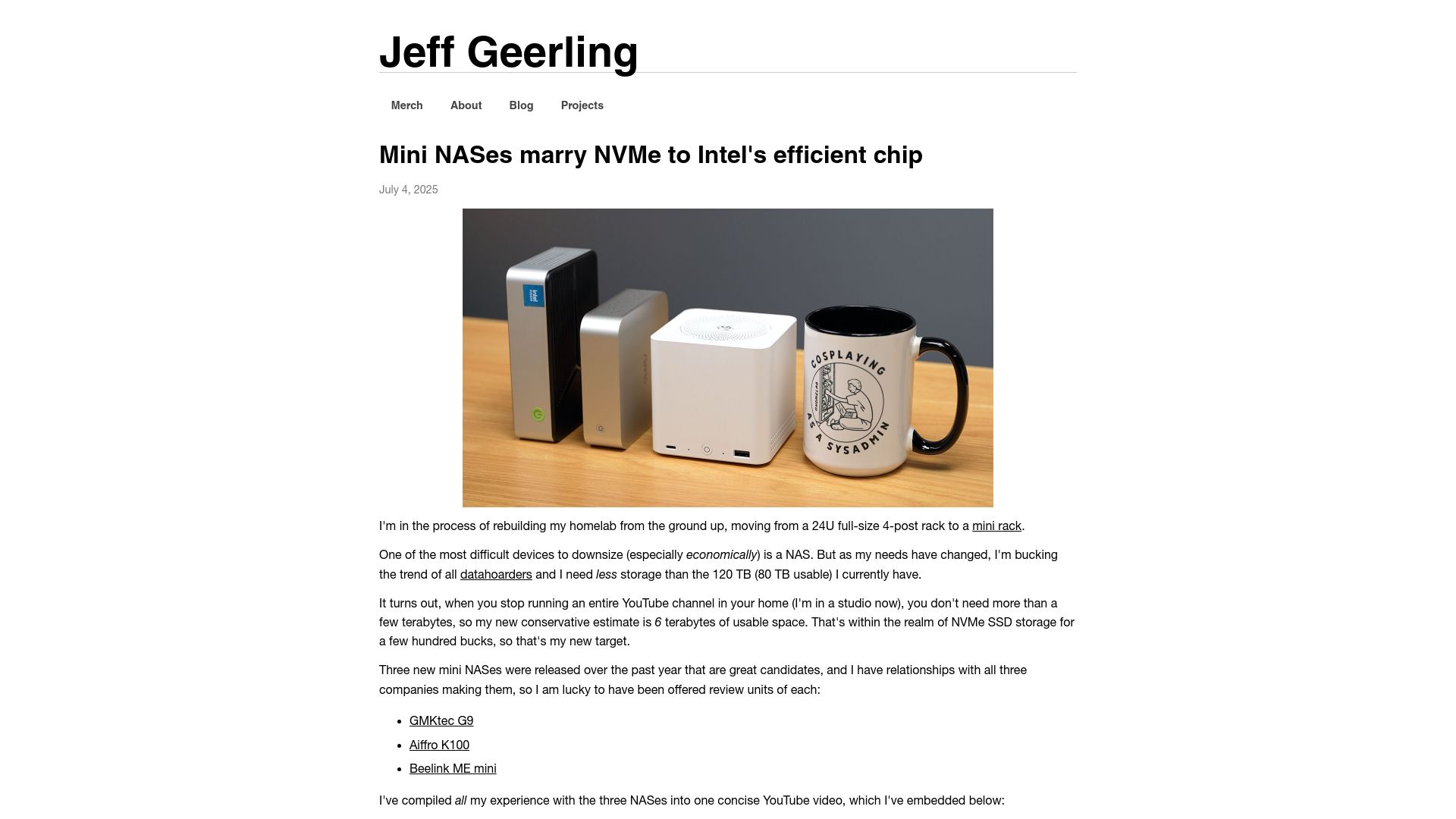 Screenshot of jeffgeerling.com: Mini NASes marry NVMe to Intel's efficient chip