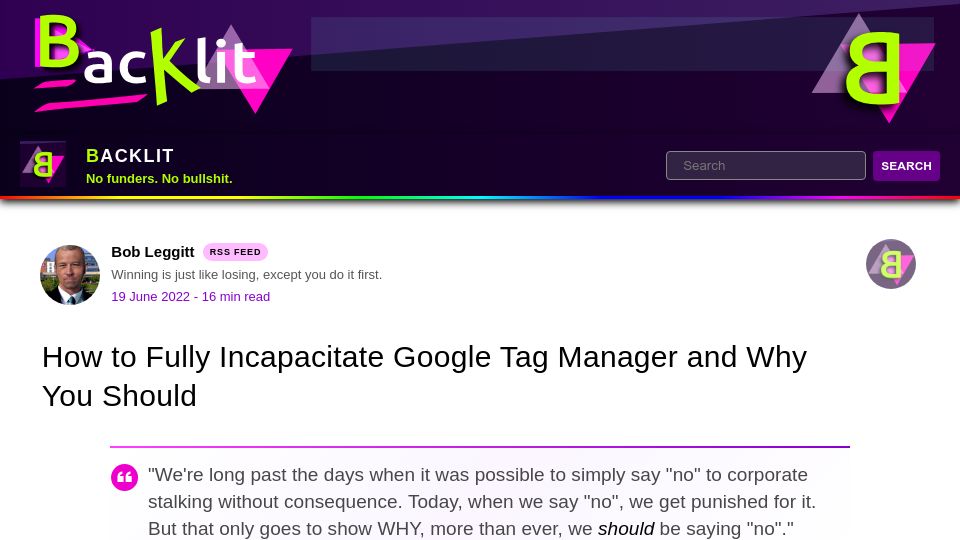 Screenshot of backlit.neocities.org: Incapacitating Google Tag Manager (2022)