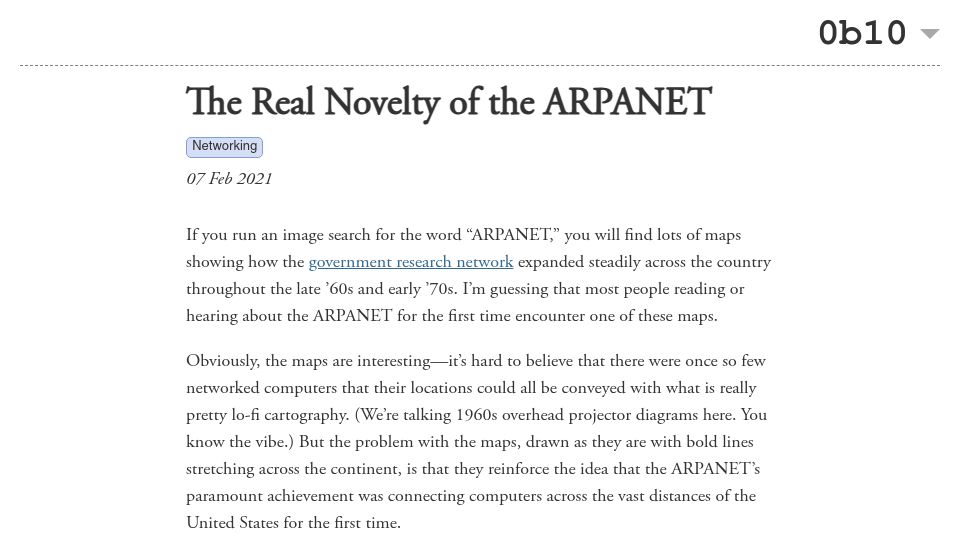 Screenshot of twobithistory.org: The Novelty of the Arpanet