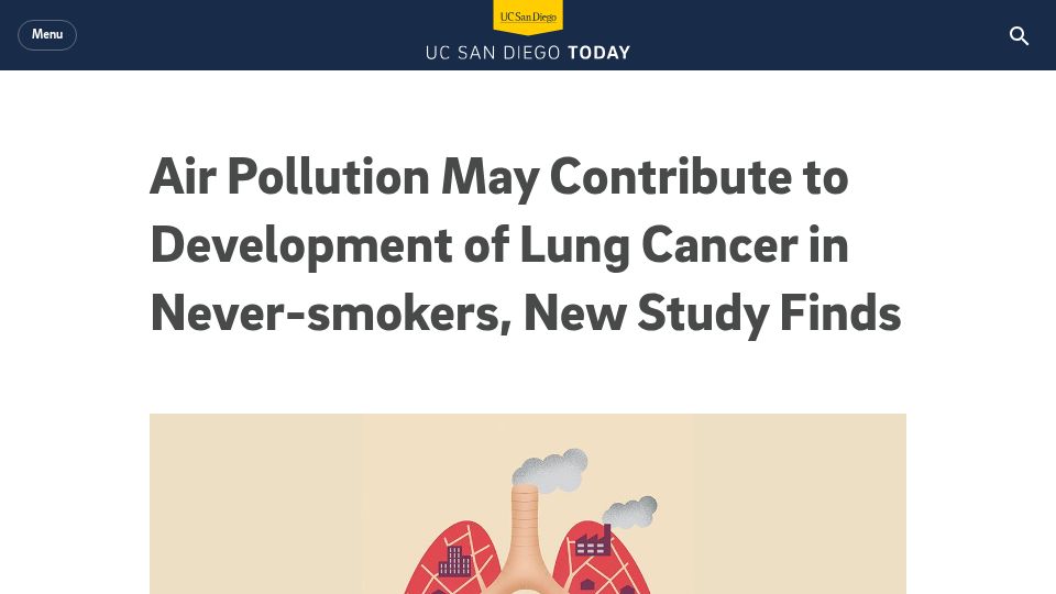 Screenshot of today.ucsd.edu: Air pollution may contribute to development of lung cancer in never-smokers