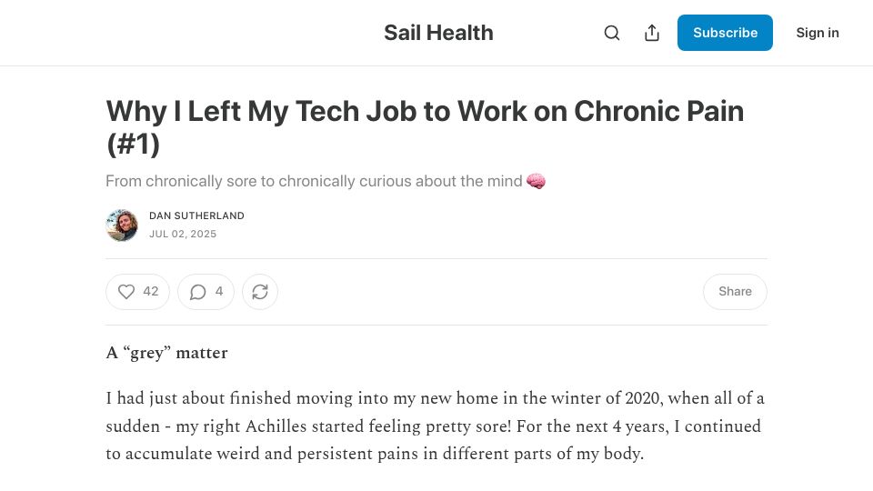 Screenshot of sailhealth.substack.com: Why I left my tech job to work on chronic pain