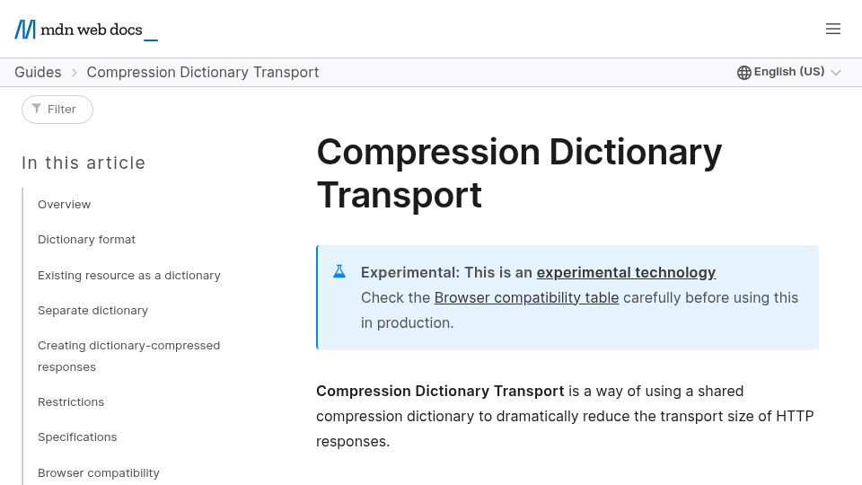 Screenshot of developer.mozilla.org: Compression Dictionary Transport