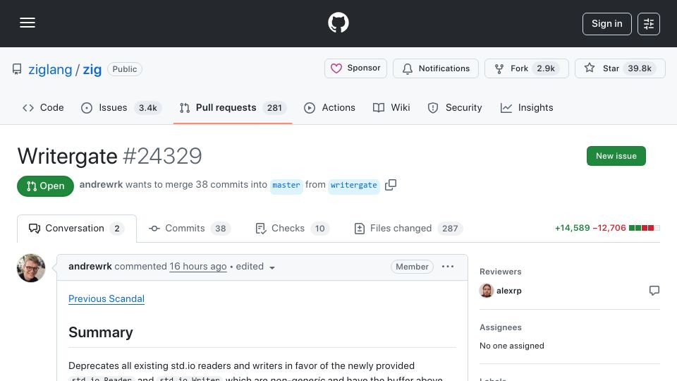 Screenshot of github.com: Zig breaking change – Initial Writergate