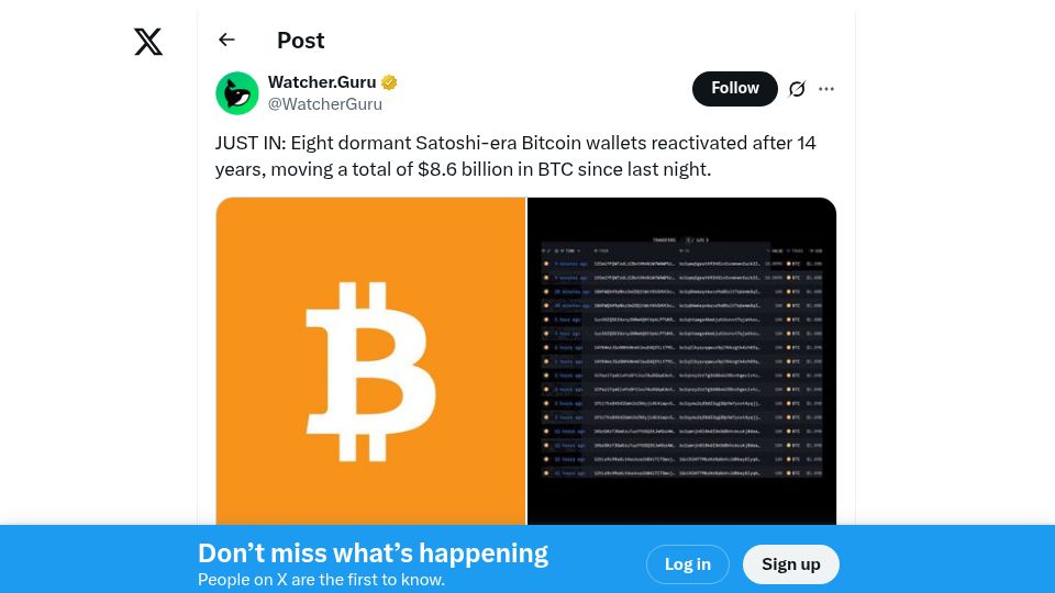 Screenshot of twitter.com: Eight dormant Satoshi-era Bitcoin wallets reactivated after 14 yrs