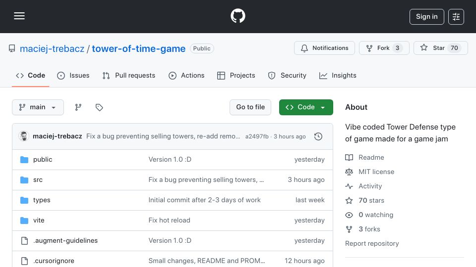 Screenshot of github.com: Show HN: I AI-coded a tower defense game and documented the whole process
