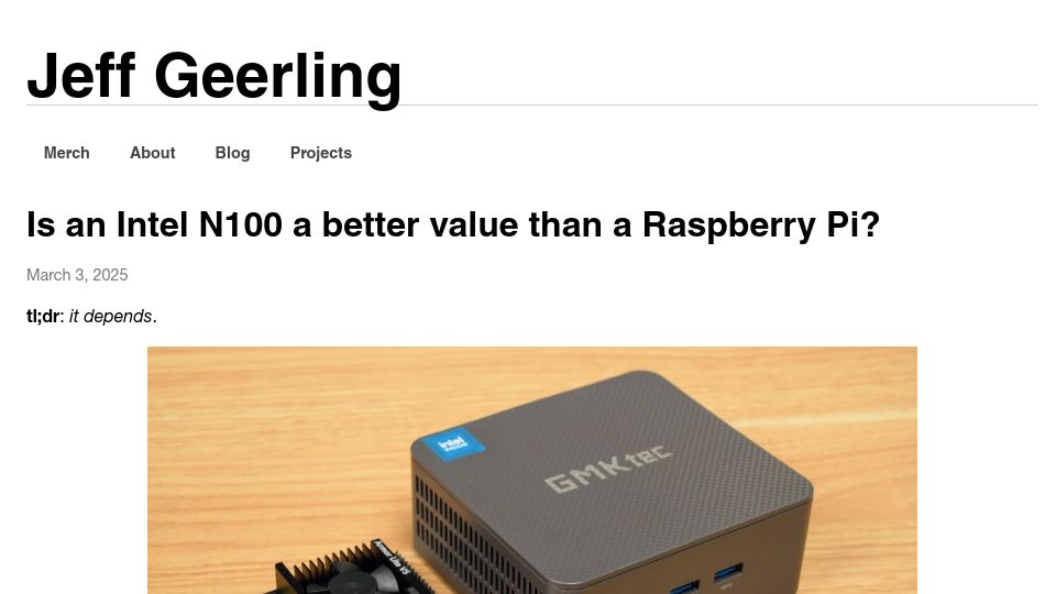 Screenshot of jeffgeerling.com: Is an Intel N100 or N150 a better value than a Raspberry Pi?
