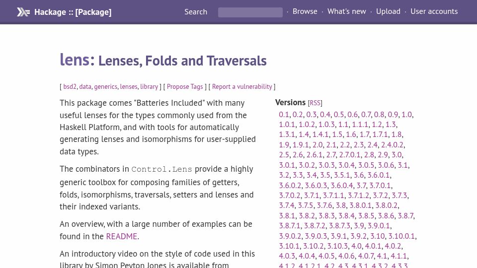 Screenshot of hackage.haskell.org: Lens: Lenses, Folds and Traversals