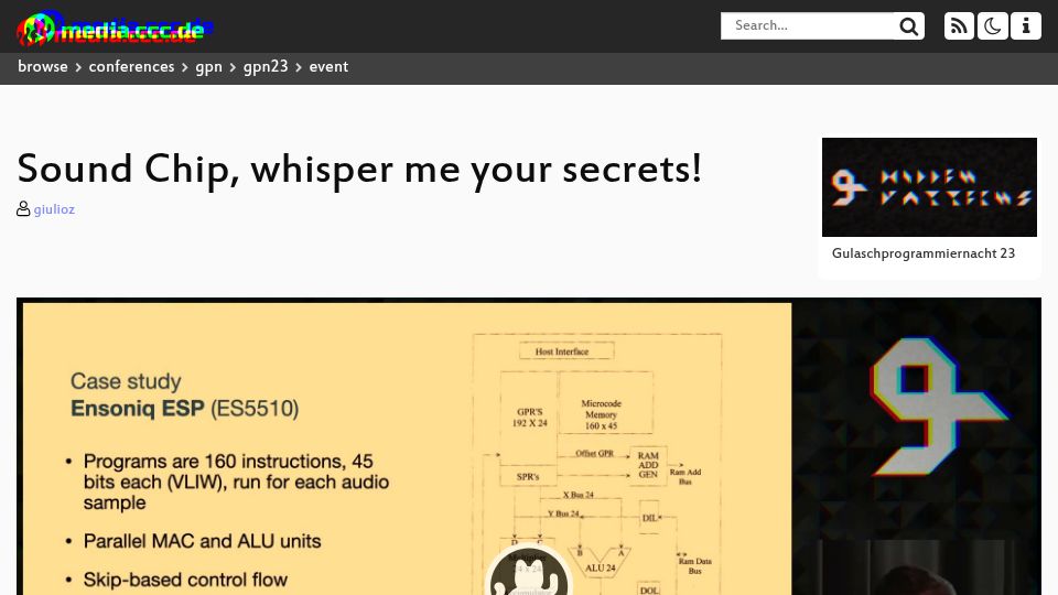 Screenshot of media.ccc.de: Sound Chip, whisper me your secrets [video]