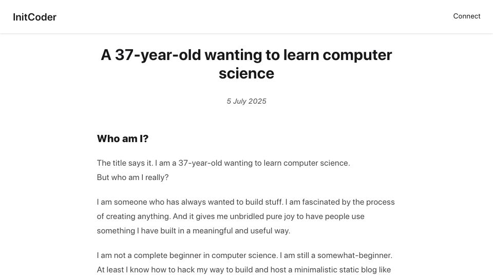 Screenshot of initcoder.com: A 37-year-old wanting to learn computer science