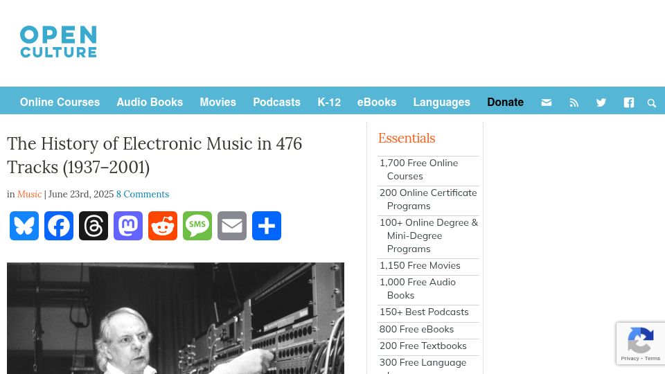 Screenshot of openculture.com: The History of Electronic Music in 476 Tracks (1937–2001)