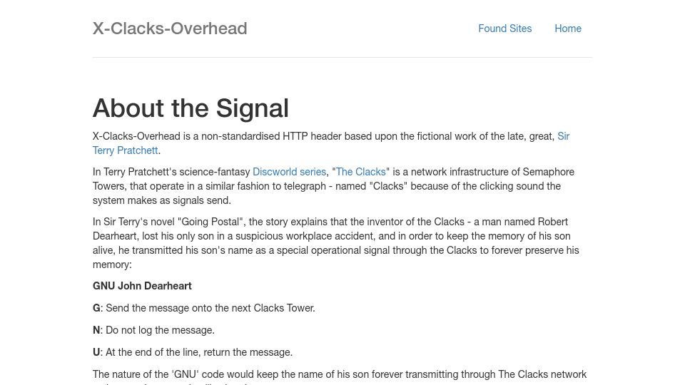 Screenshot of xclacksoverhead.org: X-Clacks-Overhead