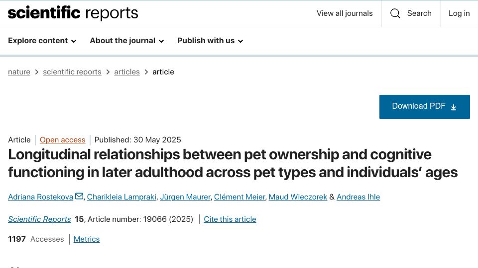 Screenshot of nature.com: Pet ownership and cognitive functioning in later adulthood across pet types