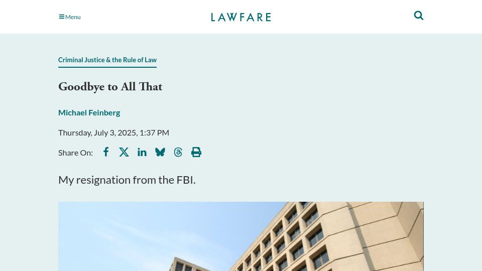Screenshot of lawfaremedia.org: Goodbye to All That – My Resignation from the FBI