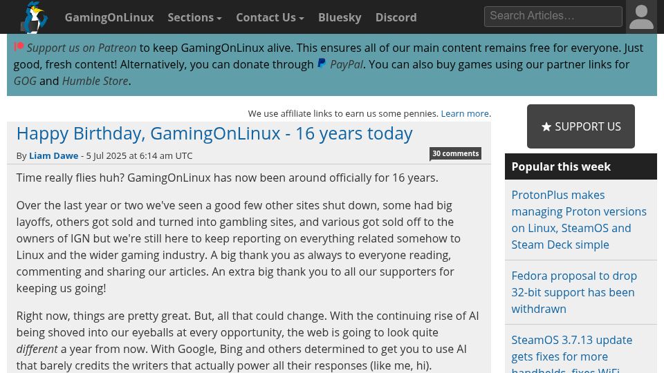 Screenshot of gamingonlinux.com: Happy Birthday, GamingOnLinux – 16 years today
