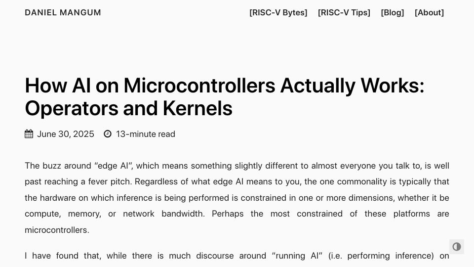 Screenshot of danielmangum.com: How AI on Microcontrollers Works: Operators and Kernels