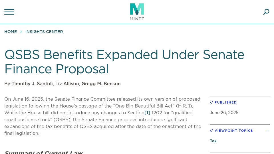 Screenshot of mintz.com: QSBS Limits Raised