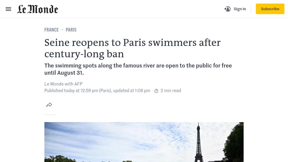 Screenshot of lemonde.fr: Seine reopens to Paris swimmers after century-long ban