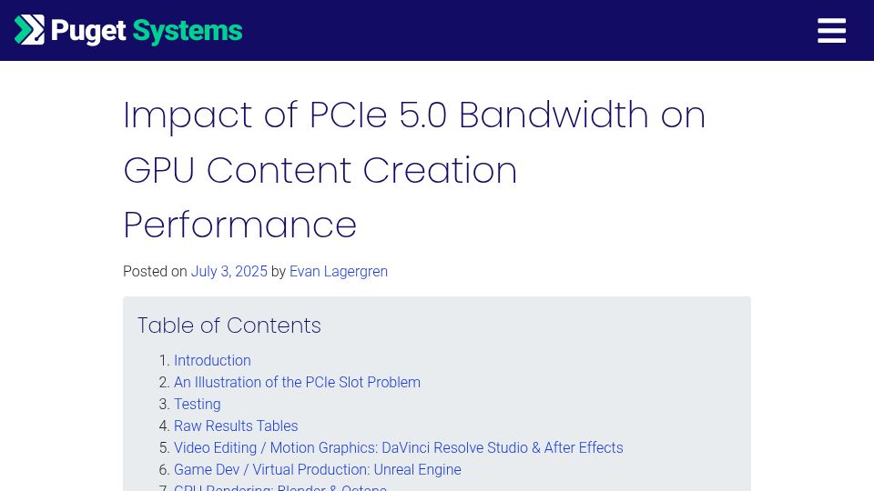 Screenshot of pugetsystems.com: Impact of PCIe 5.0 Bandwidth on GPU Content Creation and LLM Performance