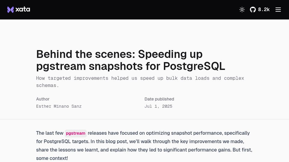 Screenshot of xata.io: Speeding up PostgreSQL dump/restore snapshots