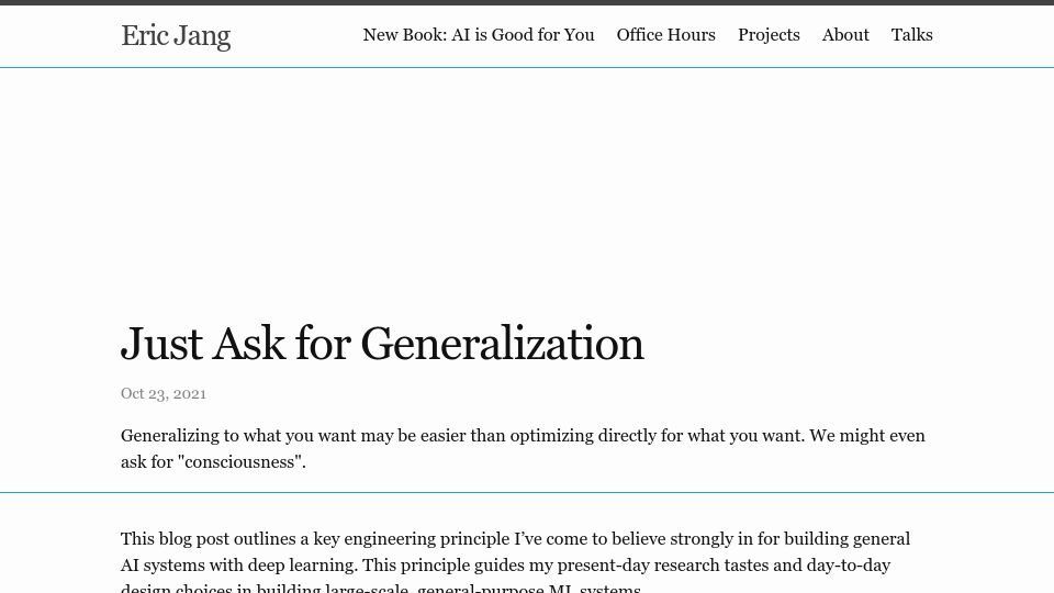 Screenshot of evjang.com: Just Ask for Generalization (2021)
