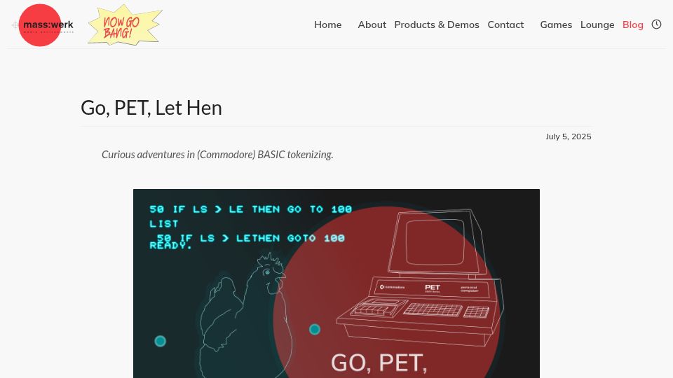 Screenshot of masswerk.at: Go, PET, Let Hen - Curious adventures in (Commodore) BASIC tokenizing