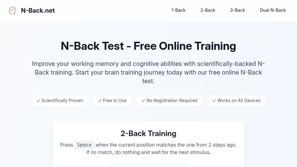 Screenshot of n-back.net: N-Back – A Minimal, Adaptive Dual N-Back Game for Brain Training