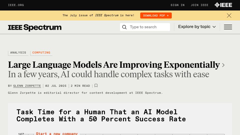Screenshot of spectrum.ieee.org: Large language models are improving exponentially?