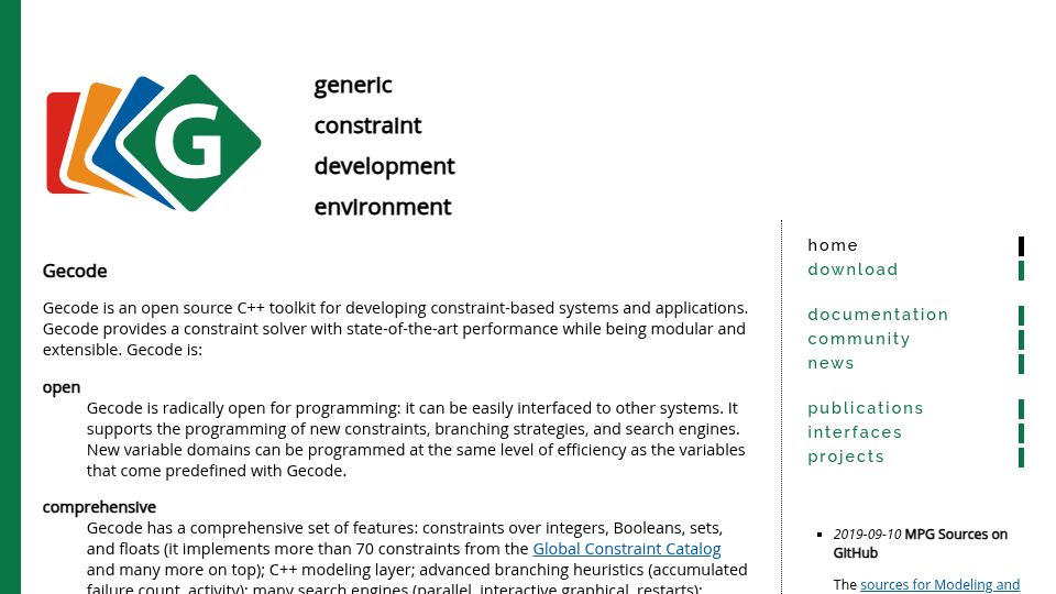 Screenshot of gecode.org: Gecode is an open source C++ toolkit for developing constraint-based systems (2019)