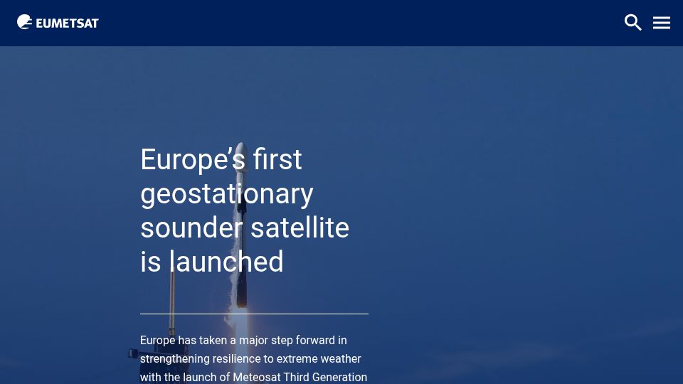 Screenshot of eumetsat.int: Europe's first geostationary sounder satellite is launched