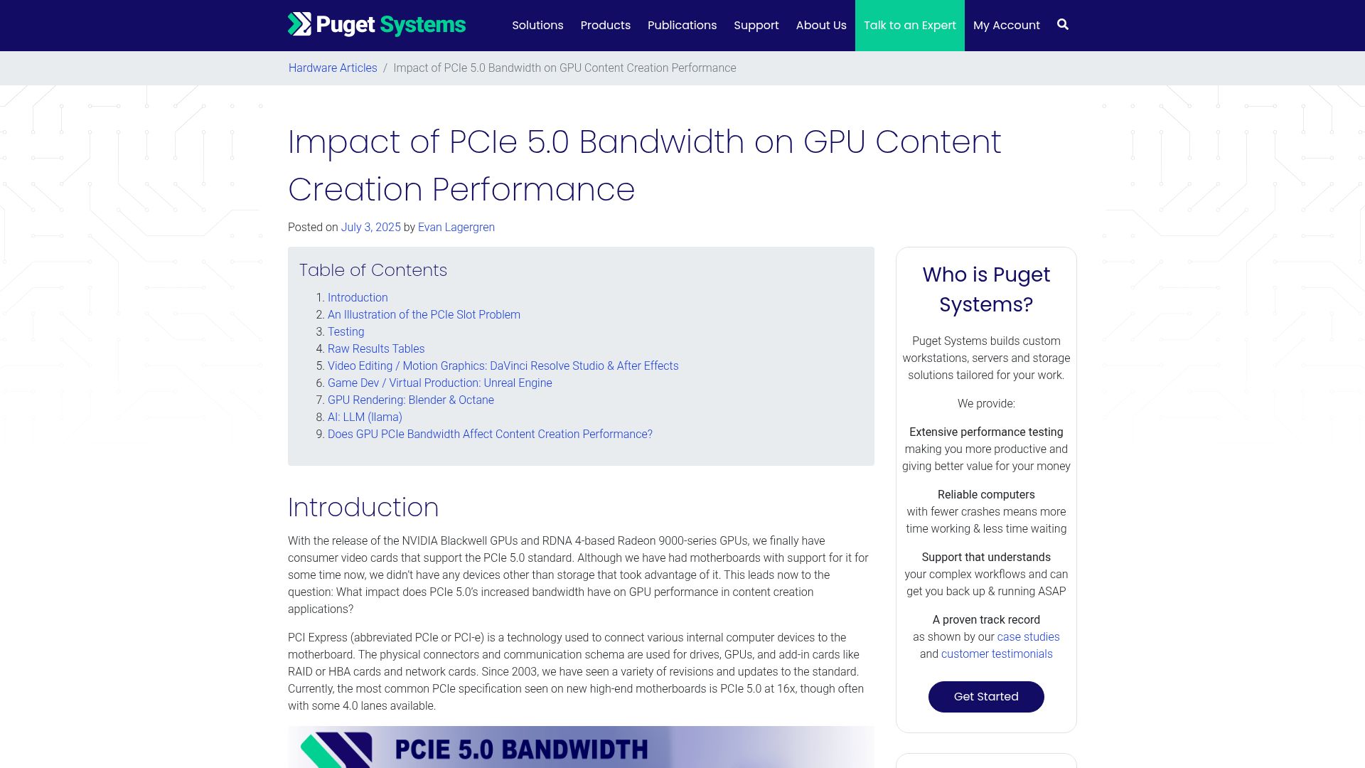 Screenshot of pugetsystems.com: Impact of PCIe 5.0 Bandwidth on GPU Content Creation and LLM Performance