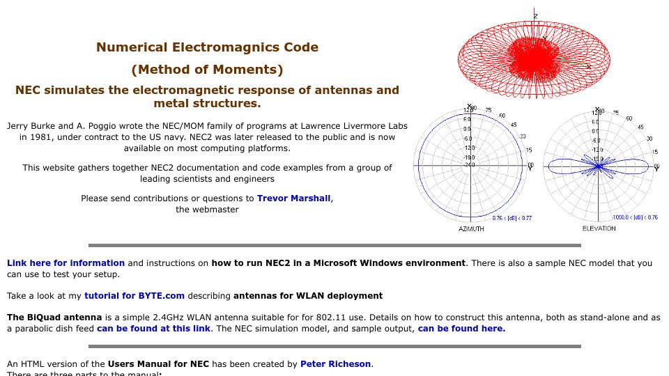 Screenshot of nec2.org: Numerical Electromagnics Code (NEM)