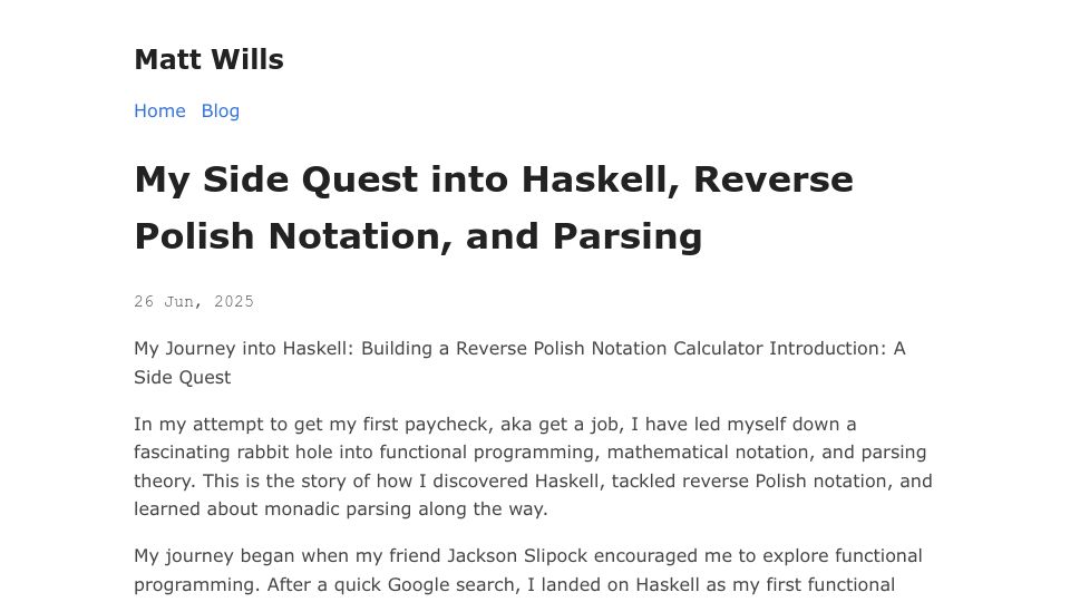 Screenshot of mattwills.bearblog.dev: Haskell, Reverse Polish Notation, and Parsing