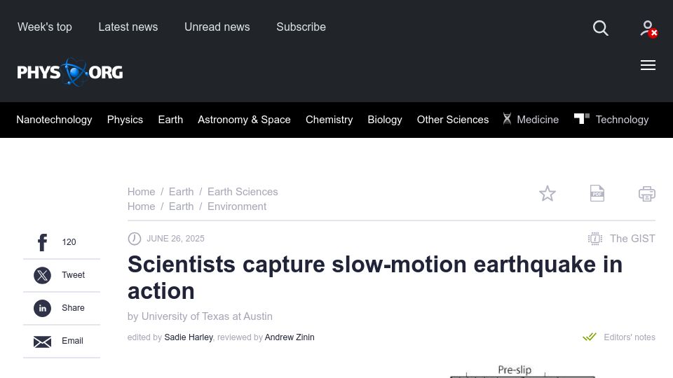 Screenshot of phys.org: Scientists capture slow-motion earthquake in action