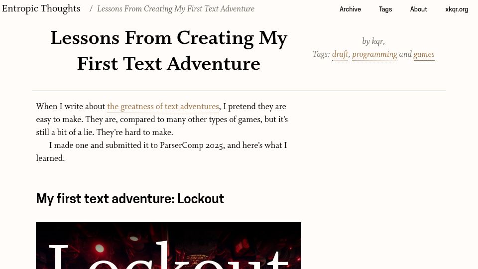 Screenshot of entropicthoughts.com: Lessons from creating my first text adventure