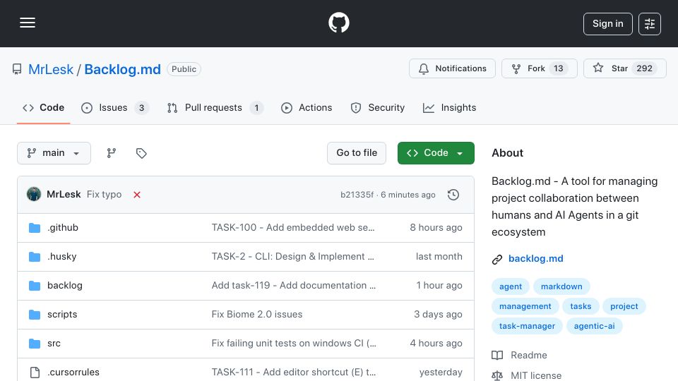 Screenshot of github.com: Backlog.md – Markdown‑native Task Manager and Kanban visualizer for any Git repo