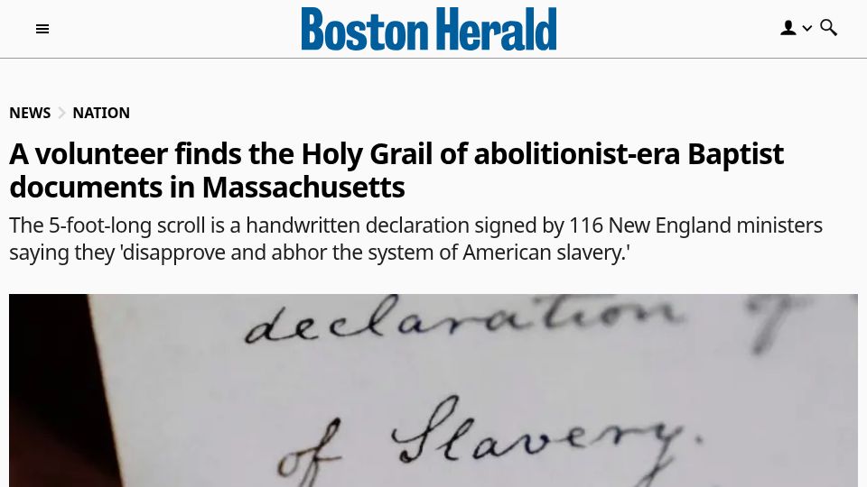 Screenshot of bostonherald.com: Volunteer finds Holy Grail of abolitionist-era Baptist documents