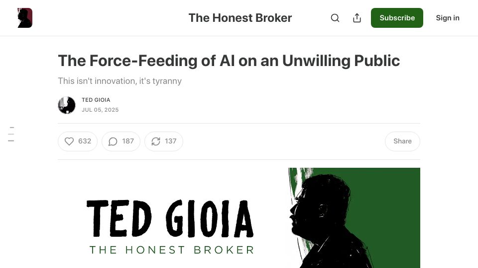 Screenshot of honest-broker.com: The force-feeding of AI features on an unwilling public