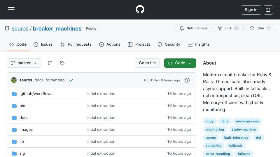 Screenshot of github.com: Show HN: BreakerMachines – Modern Circuit Breaker for Rails with Async Support