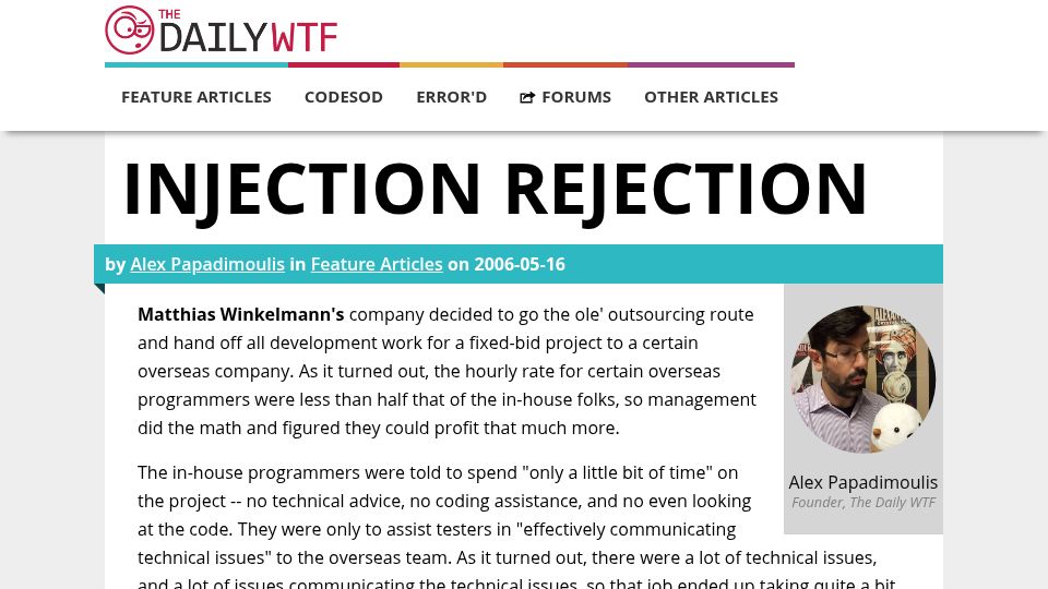 Screenshot of thedailywtf.com: Injection Rejection (2006)