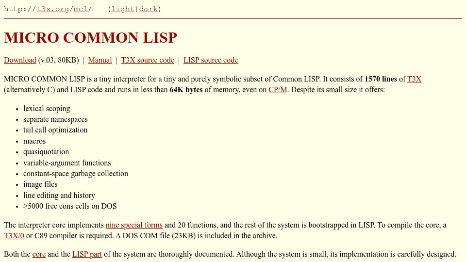 Screenshot of t3x.org: Micro Common Lisp