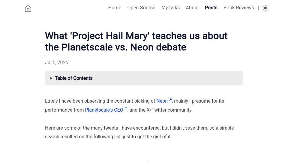 Screenshot of blog.alexoglou.com: What 'Project Hail Mary' teaches us about the PlanetScale vs. Neon debate