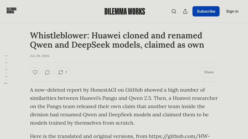 Screenshot of dilemmaworks.substack.com: Huawei cloned Qwen and DeepSeek models, claimed as own